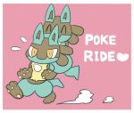  &lt;3 ^_^ ambiguous_gender anthro black_fur blue_fur border canid carrying duo english_text eyes_closed fur lucario mammal nintendo orange_eyes pawpads paws piggyback pink_background pok&eacute;mon pok&eacute;mon_(species) running sikai simple_background smile text video_games white_border 