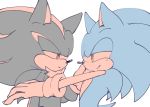  anthro black_fur blue_fur clothing duo eulipotyphlan eye_contact fur gloves green_eyes grin hand_on_face handwear hedgehog looking_at_another male male/male mammal red_eyes red_fur shadow_the_hedgehog sikai simple_background smile sonic_(series) sonic_the_hedgehog white_background 