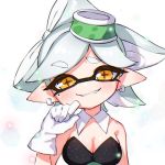  +_+ 1girl black_dress breasts brown_eyes busujima_funya cleavage commentary detached_collar domino_mask dress earrings eyebrows_visible_through_hair food food_on_head gloves grey_hair grin half_updo hand_to_own_mouth head_tilt hotaru_(splatoon) jewelry light_particles looking_at_viewer mask medium_breasts mole mole_under_eye object_on_head pointy_ears short_hair simple_background smile solo splatoon_(series) splatoon_1 strapless strapless_dress tentacle_hair upper_body white_background white_gloves 
