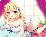  aoi_yun bed blonde_hair blush breasts cleavage garter long_hair no_bra original panties red_eyes see_through twintails underwear waifu2x 