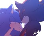  anthro black_fur blue_fur blush duo eulipotyphlan eye_contact fur green_eyes hedgehog looking_at_another male male/male mammal red_eyes red_fur shadow_the_hedgehog sikai simple_background sonic_(series) sonic_the_hedgehog white_background 