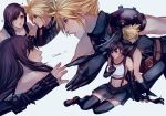  1boy 1girl back-to-back bangs bare_shoulders black_gloves black_skirt blonde_hair breasts brown_eyes brown_hair closed_mouth cloud_strife collarbone earrings elbow_pads english_commentary final_fantasy final_fantasy_vii final_fantasy_vii_remake fingerless_gloves gloves hand_on_own_chest holding_another&#039;s_arm jewelry large_breasts long_hair looking_at_another low-tied_long_hair lying midriff navel open_mouth outstretched_hand pencil_skirt reaching sera_(serappi) shirt shoulder_armor sitting skirt sleeveless sleeveless_shirt spiked_hair suspender_skirt suspenders swept_bangs tank_top taut_clothes taut_shirt tifa_lockhart 