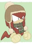  anthro black_eyes blush border clothing echidna fur green_background handwear knuckles_the_echidna male mammal mittens monotreme red_fur scarf sikai simple_background solo sonic_(series) white_border winter_clothing 