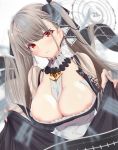  1girl absurdres azur_lane bangs bare_shoulders between_breasts black_dress blush breasts cleavage clock dress earrings eyebrows_visible_through_hair flight_deck formidable_(azur_lane) frilled_dress frills grey_hair hair_ribbon highres jewelry large_breasts long_hair long_sleeves looking_at_viewer red_eyes ribbon rigging skirt_hold solo spekkio36 twintails two-tone_dress very_long_hair 