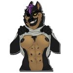  1:1 2017 8_breasts alpha_channel anthro beau_(williamca) breasts canid canine canis clothed clothing clothing_lift domestic_dog enro_the_mutt eye_patch eyewear female german_shepherd herding_dog mammal mohawk_(hairstyle) multi_breast multi_nipple nipples pastoral_dog presenting shirt shirt_lift simple_background smile smirk telegram topwear transparent_background white_background 