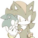  anthro black_fur blue_fur clothing cub duo eulipotyphlan footwear fur gloves green_eyes handwear hedgehog holding_character looking_at_another male mammal red_eyes red_fur shadow_the_hedgehog shoes sikai simple_background size_difference sonic_(series) sonic_the_hedgehog white_background young 