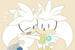  3:2 anthro boots bracelet clothing cute_fangs duo eulipotyphlan eyes_closed footwear fur gloves handwear happy hedgehog hug jewelry male mammal open_mouth open_smile sikai silver_the_hedgehog smile sonic_(series) square_crossover white_fur 