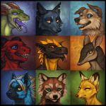  2013 ailurid armidillo black_lips black_nose blue_fur blue_nose bropwn_fur canid canine canis digital_media_(artwork) domestic_dog dragon fox fur green_eyes horn katie_hofgard lips mammal open_mouth orange_eyes purple_eyes purple_tongue red_eyes red_panda smile spines teeth tongue yellow_fur 