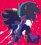  anthro black_fur blue_fur clothing duo eulipotyphlan footwear fur gloves green_eyes hand_on_head handwear hedgehog looking_at_another male male/male mammal on_lap pink_background red_eyes red_fur shadow_the_hedgehog shoes sikai simple_background smile sonic_(series) sonic_the_hedgehog 