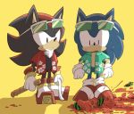  anthro black_fur blue_fur clothing duo eulipotyphlan eyewear food footwear fruit fruit_juice fur gloves handwear hawaiian_shirt hedgehog holding_object male mammal melon plant red_eyes red_fur shadow_the_hedgehog shirt shoes sikai simple_background sonic_(series) sonic_the_hedgehog sunglasses surprise topwear watermelon yellow_background 