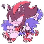  1:1 annoyed anthro black_fur blue_fur bodily_fluids clothing cub eulipotyphlan footwear fur gloves group handwear hedgehog leg_grab male mammal red_fur shadow_the_hedgehog shoes sikai simple_background size_difference sonic_(series) sonic_the_hedgehog square_crossover sweat walking white_background young 