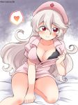  1girl alternate_costume black_bra bra breasts cleavage closed_mouth corrin_(fire_emblem) corrin_(fire_emblem)_(female) eromame fire_emblem fire_emblem_fates hat heart large_breasts long_hair manakete nurse nurse_cap pointy_ears red_eyes sitting smile solo spoken_heart twitter_username underwear white_hair 