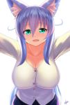  1girl absurdres animal_ear_fluff animal_ears black_skirt blue_hair blush breasts buttons cat_ears cleavage collarbone eyebrows_visible_through_hair green_eyes hair_between_eyes highres kyu_(wein-seria) large_breasts long_hair long_sleeves looking_at_viewer nose_blush open_mouth original outstretched_arms pov shirt skirt smile solo very_long_hair wall_slam white_shirt 