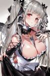  1girl azur_lane bangs bare_shoulders between_breasts black_dress black_nails blush breasts cleavage dress eyebrows_visible_through_hair flight_deck formidable_(azur_lane) frilled_dress frills grey_hair hair_ribbon hand_up head_tilt highres hinahino jewelry large_breasts long_hair long_sleeves looking_at_viewer parted_lips red_eyes ribbon rigging simple_background skirt_hold solo twintails two-tone_dress very_long_hair 