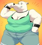 2018 anthro belly black_nose bottomwear bra breasts cleavage clothed clothing cutoffs denim denim_clothing ear_piercing evelyn_(sff) eyelashes female flexing fur hi_res looking_at_viewer mammal no_irises overweight overweight_female piercing polar_bear pose shirt shorts silicon_chub smile solo standing super_fuck_friends tank_top teeth thick_thighs topwear underwear ursid ursine white_fur wide_hips 
