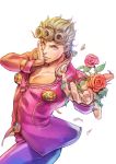  1boy blonde_hair braid bug flower giorno_giovanna green_lipstick hand_on_own_cheek highres insect jojo_no_kimyou_na_bouken ladybug lipstick makeup male_focus outstretched_hand petals plant rose simulex smirk solo thorns vines white_background yellow_eyes 