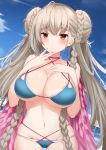  1girl absurdres ahoge ass_visible_through_thighs azur_lane bare_arms bare_shoulders bikini blue_bikini blue_sky braid braided_bun breasts choker cleavage closed_mouth collarbone commentary_request cowboy_shot day double_bun feathered_wings formidable_(azur_lane) formidable_(the_lady_of_the_beach)_(azur_lane) frown groin hair_bun halter_top halterneck hand_on_own_chest hands_up highres kurigura_(sketch_san) large_breasts long_hair looking_at_viewer navel ocean red_eyes silver_hair skindentation sky solo swimsuit tan tanline twin_braids twintails very_long_hair wings 