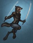  2013 4_toes 5_fingers anthro barefoot black_fur black_lips black_nose blue_eyes clothed clothing digital_media_(artwork) digitigrade fingers fur holding_object holding_sword holding_weapon katie_hofgard lips male melee_weapon open_mouth solo sword teeth toes tongue topless weapon 