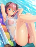  1girl animal_ears armpits arms_behind_head ass bangs bikini blue_eyes breasts dog_ears dog_girl dog_tail eyebrows_visible_through_hair floating floating_object grin hair_between_eyes highres kyu_(wein-seria) legs legs_up lying medium_breasts on_back original pink_hair red_bikini see-through shiny shiny_skin shirt short_hair short_sleeves smile solo swimsuit t-shirt tail thighs water wet wet_clothes wet_shirt white_shirt 