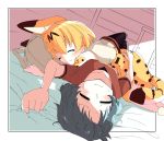  2girls animal_ears bag bangs bed black_hair blonde_hair closed_eyes dress gloves highres hiyama_yuki kaban_(kemono_friends) kemono_friends multicolored_hair multiple_girls on_bed pantyhose serval_(kemono_friends) shirt short_hair sleeping sweatdrop t-shirt tail yuri 