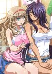  2girls :d antenna_hair apron blue_eyes blue_skirt breasts cleavage closed_mouth collarbone collared_shirt curly_hair dress_shirt eye_contact grey_eyes grey_shorts hair_over_one_eye hairband hand_on_lap ikkitousen indoors kan&#039;u_unchou large_breasts light_brown_hair long_hair looking_at_another low-tied_long_hair miniskirt multiple_girls open_mouth pink_apron pleated_skirt red_hairband shiny shiny_hair shiny_skin shirt short_shorts shorts sideboob skirt sleeveless sleeveless_shirt smile sonken_chuubou sparkle very_long_hair white_shirt wing_collar yuri 