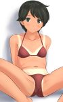  1girl absurdres bikini black_eyes black_hair collarbone flat_chest highres kantai_collection looking_at_viewer mogami_(kantai_collection) navel red_bikini shadow short_hair simple_background sitting smile solo spread_legs swimsuit takafumi tan tanline white_background 
