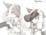  2017 4:3 ambiguous/ambiguous ambiguous_gender anthro black_and_white black_nose canid canine canis claws clothed clothing coat digital_drawing_(artwork) digital_media_(artwork) disembodied_hand domestic_dog duo eyes_closed hand_holding happy head_pat head_patting hi_res hiyaudon mammal monochrome one_ear_up patting_head simple_background sketch smile white_background 