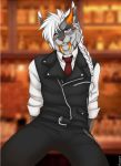  2019 accelo anthro braided_hair clothed clothing digita felid fur grey_fur hair hi_res machairodontine male mammal sitting smile solo steele_(accelo) white_hair 