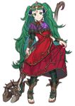  1girl absurdres closed_mouth cosplay dress ebinku fire_emblem fire_emblem:_three_houses flower full_body green_eyes green_hair hair_ornament highres holding holding_staff kid_icarus kid_icarus_uprising long_hair manakete nachure nachure_(cosplay) pointy_ears simple_background smile solo sothis_(fire_emblem) staff tiara white_background 