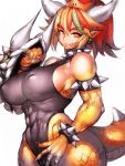  1girl abs black_leotard bowsette breasts commentary_request covered_nipples earrings fumio_(rsqkr) green_hair highres horns jewelry large_breasts leotard looking_at_viewer mario_(series) new_super_mario_bros._u_deluxe pointy_ears red_eyes red_hair scales shield simple_background solo spiked_armlet super_crown tail thick_thighs thighs white_background 