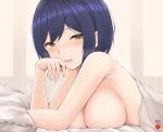  1girl bangs bed bed_sheet blue_hair blush breasts dated hand_on_own_cheek highres large_breasts looking_at_viewer lying mole mole_under_eye naked_sheet nijisanji nude on_stomach open_mouth pillow shizuka_rin short_hair signature smile solo sweat temari_rin under_covers upper_body virtual_youtuber yellow_eyes 