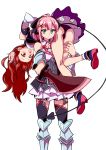  2girls ahoge armor blush brown_hair carrying chiyoda_momo demon_girl demon_horns demon_tail expressive_tail eyebrows_visible_through_hair hair_ornament hairclip highres hiroshix31 horns long_hair machikado_mazoku multiple_girls open_mouth panties pink_hair shiny shiny_hair short_hair shoulder_carry simple_background skirt sword tail underwear weapon white_background yoshida_yuuko_(machikado_mazoku) 