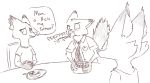  canid canine clothed clothing dialogue disney english_text female food fox group male mammal mrs._wilde necktie nick_wilde sketch speech_bubble spit-take text visiti zootopia 