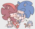  anthro blue_fur clothing duo eulipotyphlan footwear fur gloves handwear hedgehog holding_object inanimate_object male mammal plushie red_fur shadow_the_hedgehog shoes sikai simple_background sonic_(series) sonic_the_hedgehog 