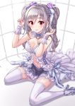  1girl bangs bare_shoulders blush breasts cleavage closed_mouth collarbone commentary_request dress drill_hair eyebrows_visible_through_hair flower hair_flower hair_ornament hair_ribbon hhama high_heels highres idolmaster idolmaster_cinderella_girls idolmaster_cinderella_girls_starlight_stage kanzaki_ranko lace lace-trimmed_dress lace-trimmed_legwear long_hair looking_at_viewer navel ribbon silver_hair sitting smile solo thighhighs twin_drills twintails wariza white_dress white_footwear white_legwear 
