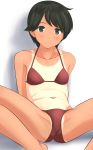 1girl absurdres bikini black_eyes black_hair collarbone flat_chest highres kantai_collection looking_at_viewer mogami_(kantai_collection) navel one-piece_tan red_bikini shadow short_hair simple_background sitting smile solo spread_legs swimsuit takafumi tan tanline white_background 