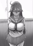  1girl ahoge arms_behind_back breasts greyscale highres kantai_collection komaki_q large_breasts long_hair looking_down monochrome sketch skirt ushio_(kantai_collection) window 
