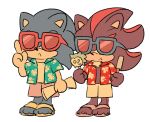  anthro blue_fur bottomwear clothing dessert duo eating eulipotyphlan eyewear food footwear fur hawaiian_shirt hedgehog holding_food holding_object ice_cream male mammal red_fur sandals shadow_the_hedgehog shirt shorts sikai simple_background sonic_(series) sonic_the_hedgehog sunglasses topwear white_background 