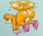  anthro anus backsack balls big_butt butt canid canine clothing fluffyfrumples footwear fox fur gloves handwear looking_back male mammal miles_prower penis simple_background solo sonic_(series) video_games yellow_fur 
