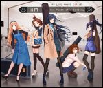  5girls akiyama_mio album_cover bag beige_coat black_border black_footwear black_gloves black_hair black_legwear black_shirt black_shorts blonde_hair blue_dress blue_hairband boots border brown_footwear brown_hair brown_legwear case coat commentary cover dress elbow_gloves english_commentary english_text gloves hair_ornament hairband hairpin high_heels high_ponytail highres hirasawa_yui instrument_case k-on! kotobuki_tsumugi long_hair multiple_girls nakano_azusa necktie no_socks open_clothes open_coat orange_neckwear pantyhose pink_shirt shirt short_hair shorts squatting standing striped striped_legwear tainaka_ritsu thick_eyebrows thighhighs yuzuriha 