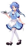  1girl alternate_costume apron black_footwear blue_dress blue_eyes blue_hair cake double_bun dress food frilled_apron frills hat kantai_collection looking_at_viewer mary_janes medium_hair odawara_hakone open_mouth round_teeth sailor_hat shoes simple_background smile solo striped striped_dress teeth thigh_gap tray upper_teeth urakaze_(kantai_collection) waist_apron waitress white_apron white_background white_headwear white_legwear 