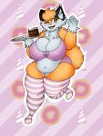  2019 absurd_res anthro belly big_belly big_breasts blush bottomwear breasts cake canid canine clothed clothing digital_drawing_(artwork) digital_media_(artwork) female fingers food fox fur hair hi_res huge_breasts looking_at_viewer mammal mexifurfoof navel open_mouth overweight overweight_female simple_background smile thick_thighs titsunekitsune topwear wide_hips zera_(titsunekitsune) 