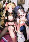  2girls 3: absurdres adapted_costume alternate_costume bangs black_bra black_hair black_legwear blonde_hair bra breasts cape ereshkigal_(fate/grand_order) eyebrows_visible_through_hair fate/grand_order fate_(series) fishnet_legwear fishnets fur_trim garter_belt gloves highres ishtar_(fate/grand_order) lingerie looking_at_viewer mismatched_legwear multiple_girls navel navy_blue_legwear nekometaru panties parted_bangs red_eyes scan single_thighhigh sitting small_breasts thighhighs tiara two_side_up underwear white_bra white_gloves white_panties 