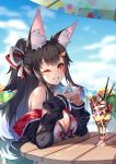  1girl animal_ear_fluff animal_ears bare_shoulders bikini black_hair blue_sky blush breasts cleavage collarbone day fang fingers_together food fox_ears glint gradient_hair grin hair_ornament hairclip highres hololive ice_cream jacket large_breasts long_hair looking_at_viewer multicolored_hair off_shoulder one_eye_closed ookami_mio outdoors ponytail red_hair sitting sky smile sundae swimsuit table tail virtual_youtuber white_hair wolf_ears wolf_tail yellow_eyes yuxian_youka 