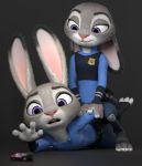  2019 3d_(artwork) anthro black_background claws clothing digital_media_(artwork) disney duo eyebrows eyelashes female female/female fingers fur grey_fur handwear hi_res judy_hopps lagomorph leporid long_ears looking_down lying mammal melo multicolored_ears multicolored_fur on_front open_mouth pink_nose police_badge purple_eyes rabbit simple_background smile square_crossover teeth toeless_legwear toes uniform white_fur zootopia 