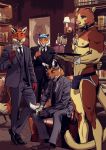  5_fingers absurd_res alcohol beverage billmund black_tie_(suit) bulge business_suit canid canine champagne clothed clothing felid fingers fox hi_res macropod male mammal maned_wolf marsupial nipples pantherine red_fox shirt_collar smile suit tiger topless tree-kangaroo waiter 