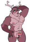  2019 anthro antlers ball_tuft balls blush buttdawg cervid cervine erection horn humanoid_penis male mammal musclegut muscular muscular_male navel nipples pecs penis simple_background slightly_chubby small_penis solo white_background 