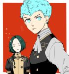  2boys blue_eyes blue_hair caspar_von_bergliez closed_eyes epaulettes fire_emblem fire_emblem:_three_houses green_hair highres linhardt_von_hevring long_hair low_ponytail multiple_boys open_mouth red_background reo000222 sleeping upper_body 