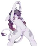 2019 anthro black_hair bovid bovine breasts cattle cub female hair hi_res holstein_friesian_cattle horn humanoid_face long_tail mammal midriff nipples purple_eyes pussy raised_arm simple_background slugbox small_breasts small_moo spread_legs spreading young 