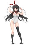  animal_ears asymmetrical_legwear black_hair black_legwear bow bowtie breasts bunny_ears bunny_girl bunny_tail bunnysuit cleavage covered_navel detached_collar full_body hair_ribbon highres isokaze_(kantai_collection) kantai_collection kneehighs leotard long_hair medium_breasts mismatched_legwear nn_tasu red_eyes red_neckwear ribbon simple_background single_kneehigh single_thighhigh standing strapless strapless_leotard tail thighhighs tress_ribbon white_background white_leotard wrist_cuffs 